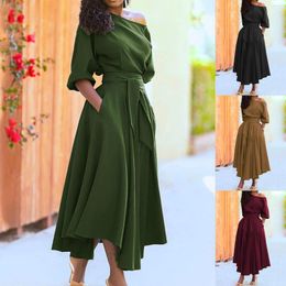 Robes décontractées Robe d'été pour femmes à épaules dénudées ourlet irrégulier A-ligne Maxi avec ceinture simple élégant vintage