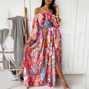 Vestidos casuais femininos verão à noite estampado uma linha ombro pulôver manga longa manga longa saia saia roupas roupas pretas