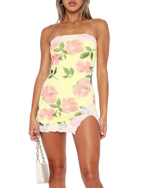 Vestidos casuales Vestido bandeau corto de verano para mujer Sin mangas con hombros descubiertos y encaje floral