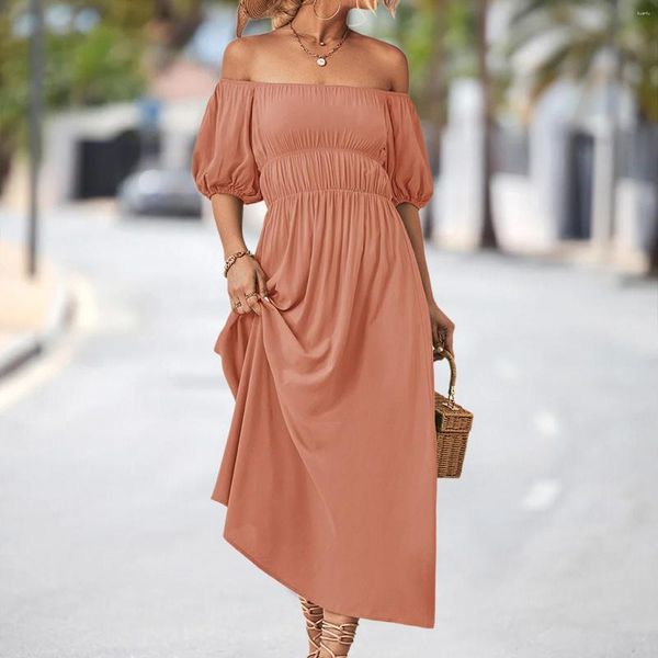 Vestidos casuales Mujer Verano Color sólido Hombro caído Escote cuadrado Mujer Rayón Moda para mujer