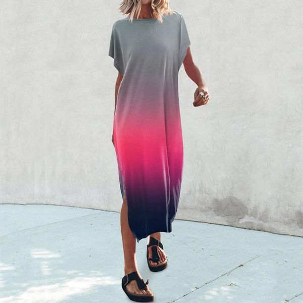 Vestidos casuales Camiseta de verano para mujer Vestido maxi Manga de murciélago Cuello redondo Suelto Hendidura Lado Largo Playa Mujer