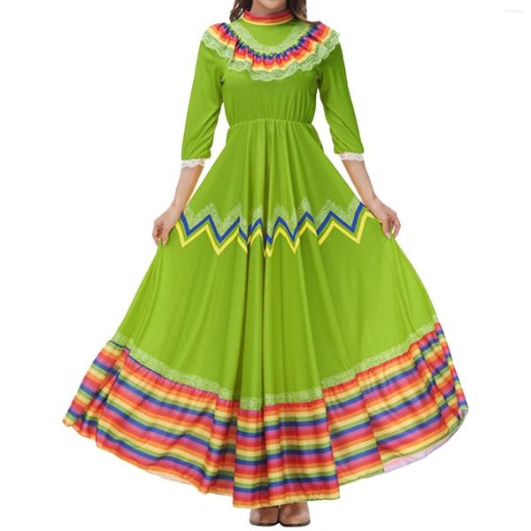 Vestidos informales para mujer, vestido de baile tradicional mexicano, Festival, fiesta de Carnaval de México, disfraz de rayas coloridas con pinza para el pelo, elegante