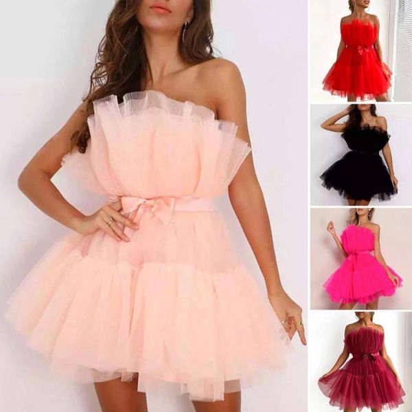 Robes décontractées femmes bustiers robe de soirée mode Mini couleur unie Tutus jupe nœud papillon épaules dénudées Bandeau Streetwear Y2