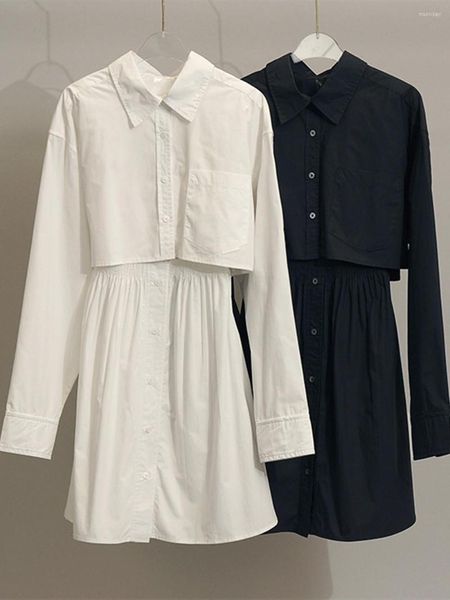 Robes décontractées femmes deux pièces couleur unie robe 2023 printemps dames à manches longues chemisier court et simple boutonnage plissé fronde Mini