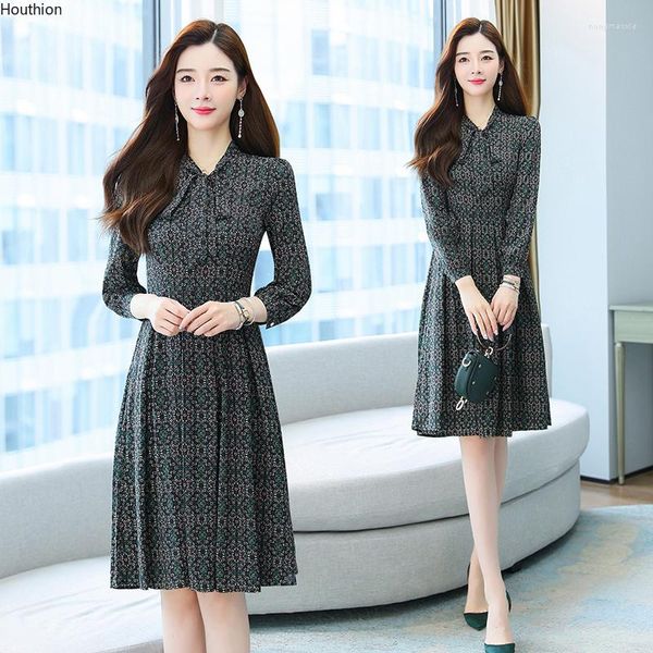 Robes décontractées femmes col en v nœud Type A manches longues impression en mousseline de soie mode Slim Preppy Style été femme vêtements