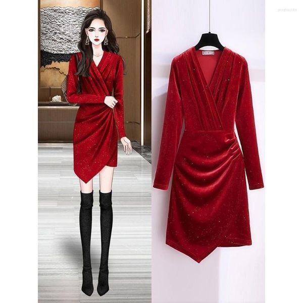 Robes décontractées Robe sexy à col en V pour femmes Dames élégantes 2023 Printemps Été Maxi Style coréen Rouge Jupe mince à manches longues pour femmes