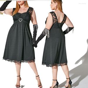 Vestidos casuales Mujer Vintage 1950S Negro Encaje Spaghetti Stap Ruffle Sin mangas Blackless Midi Boda Swing Vestido de fiesta