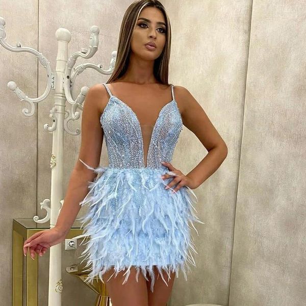 Robes Décontractées Femmes Vintage Élégant Sans Manches Plume Jupe Mode Tempérament Col V Profond Bleu Soirée Été Sexy Club