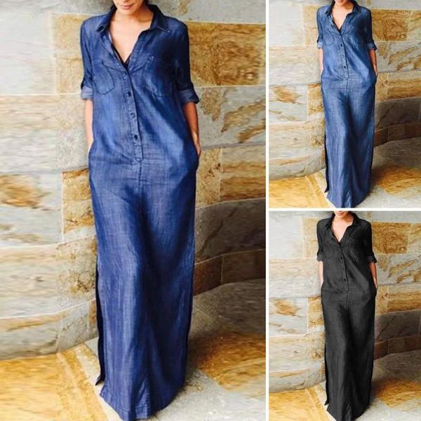 Robes décontractées Femmes A-Line Denim Robe Bohème Maxi avec ourlet fendu Col rabattu pour plus de taille Longueur de la cheville Boutonnée