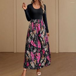 Robes décontractées Femmes A-Line Robe élégante imprimé floral Maxi pour col rond manches longues plissée longueur de la cheville automne