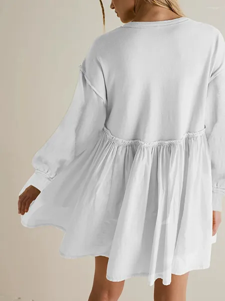 Robes décontractées Femmes A-Line Mini robe Couleur unie Col rond Taille haute Chemise de plage à manches longues