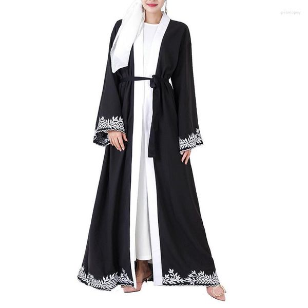 Vestidos casuales mujeres abaya vestido musulmán bordado de lujo manga larga abierto negro campana manga kimono frente abierto