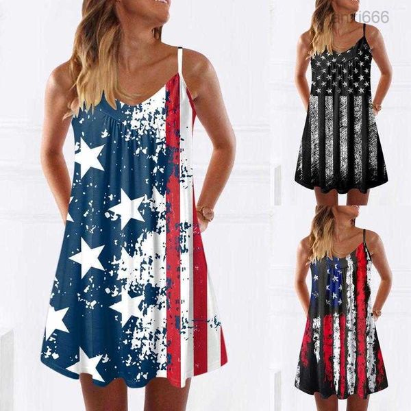 Robes décontractées Femmes Drapeau américain Imprimer 2023 Été Sexy Robe sans manches Femme Boho Plage Robe de vacances Robes L5