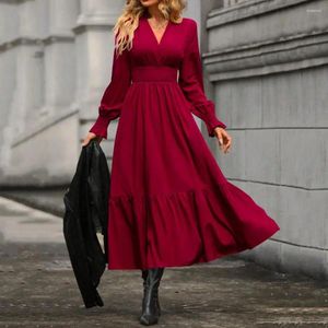 Casual jurken vrouwen herfst a-line midi party elegante losse zoom strakke hoge taille vaste lange mouw jurk vrouwelijk gewaad mujers 2024