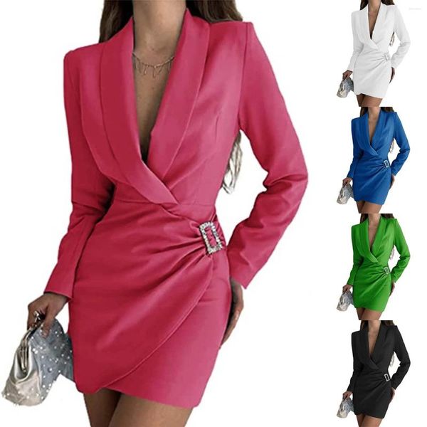 Robes décontractées Femmes Automne Revers Col V-Col Blazer Robe À Manches Longues Taille Haute Faux Cristal Boucle Slim Fit Couleur Solide Bureau Workwear