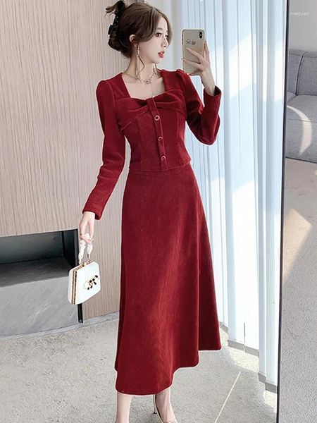 Vestidos casuales Mujeres Corao de invierno Outumn Invierno Superios de vestir cálido 2024 Red manga larga Tapa de reverencia Caones Half Longitud Dos piezas