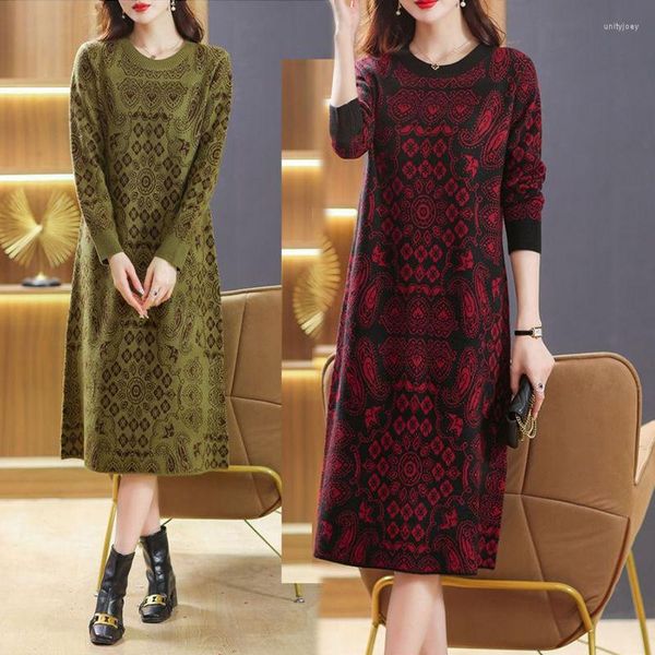 Vestidos casuales Mujeres Otoño Invierno Vestido Ropa 2023 Moda Grueso Cálido O-cuello Vintage Impresión Mujer Fondo Suéter de punto de gran tamaño