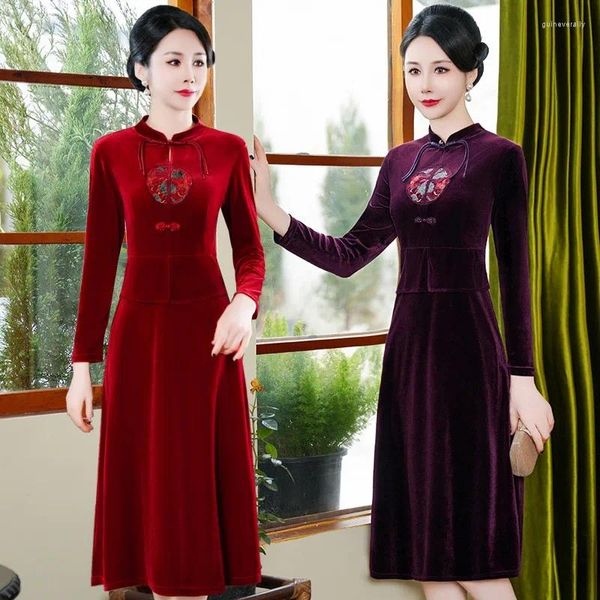 Vestidos casuales Mujeres Otoño Invierno Elegante Vestido de Terciopelo Festa Alta Calidad Vintage Bordado Fiesta Robe A-Line Cheongsam Vestidos