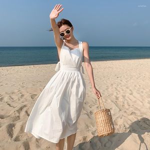 Casual jurken vrouwen backless sexy lange jurk zomer 2022 catwalk elegante mouwloze Koreaanse dames huwelijksreis vakantiefeest wit wit