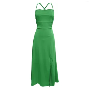 Casual jurken vrouwen bal elegant halterneck backless lange A-lijn Criss-cross satijnen spaghetti strap party prom jurk vintage