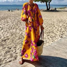 Casual jurken dames strandjurk diepe v-hals strakke taille lange mouwen geplooid losse kleur bijpassende enkellange zomervakantie vakantie boho