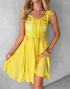 Vestidos casuales Mujeres Vestido de playa Cuello redondo Hollow Out Crochet Falda corta 2024 Primavera / Verano Último sin mangas Diario Una línea Mini