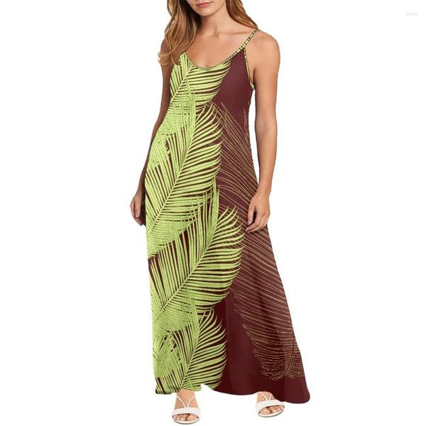 Vestidos casuales Mujer Playa Cuello en V Elegante Maxi Vestido Sin mangas Fiesta larga Hawai Tribal Estampado de hojas de palma Sexy Fuera del hombro