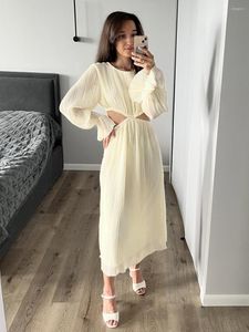 Robes décontractées femmes Beige évider robe plissée col rond à manches longues Streetwear mode Maxi 2023 été élégant Vestidos