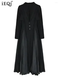 Robes décontractées Femmes Beige Plissé Lin Longue Robe Élégante Revers Cou Manches Coupe Ample Mode Marée Printemps Automne 2024 3W6617