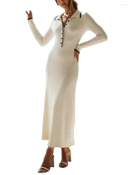 Robes décontractées Femmes Bell manches longues en tricot Maxi robe col en V côtelé moulante Y2K Slim Fit fête élégante