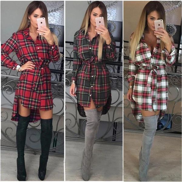 Vestidos casuales Mujeres Cinturón Camisa Vestido Femme Moda Manga larga Henley Color Block Tee Plaid Túnica Tops Otoño Camisas Blusa