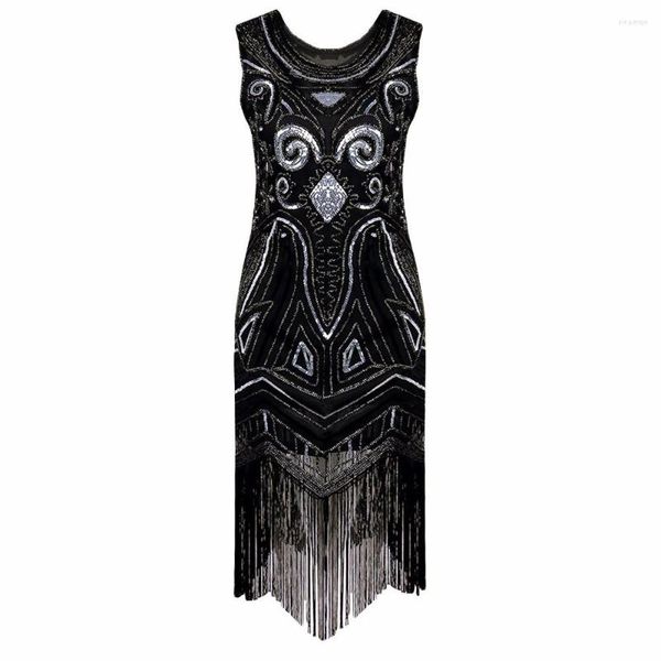 Robes décontractées Femmes Noir Années 1920 Vintage Gatsby Flapper Robe Art Nouveau Déco Sequin Perlé Fringe Costumes Fantaisie Fête D'été Robe