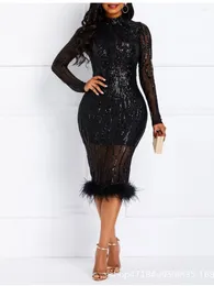 Robes décontractées Femmes Black paillettes Luxury Bodycon Party Robe O Cou Nou à manches longues Sage de plumes Embarreaux Formel Soirée Célébrez Prom Événement