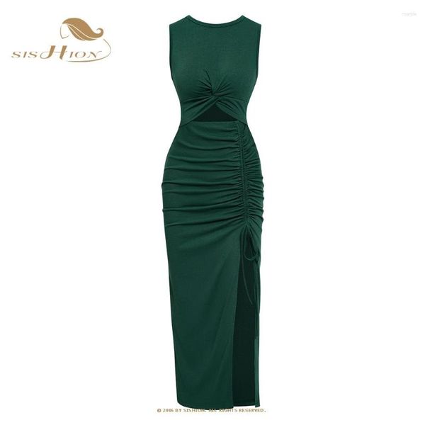 Vestidos casuales Mujer Negro Verde Verano Sexy High Slit Dress Elegante sin mangas Party Dinner Vintage 60s Femme Vestidos largos SR0082