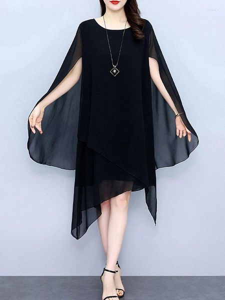 Robes décontractées Femmes Noir Longue Lâche Été 2024 Mousseline de soie Boho Vêtements O-Cou Rouge Élégant Cape Robe Midi Vintage Mode Soirée