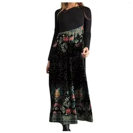 Robes décontractées femme imprime noire bohème vintage à manches longues robe boho lâche pour dame automne
