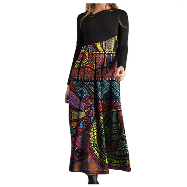 Robes décontractées femme imprime noire bohème vintage à manches longues robe boho lâche pour dame automne