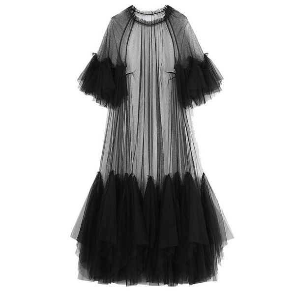 Vestidos informales Mujeres Volantes negros Vestido largo de gran tamaño Nuevo Cuello redondo Manga de tres cuartos Ajuste suelto Moda Primavera Verano 2023