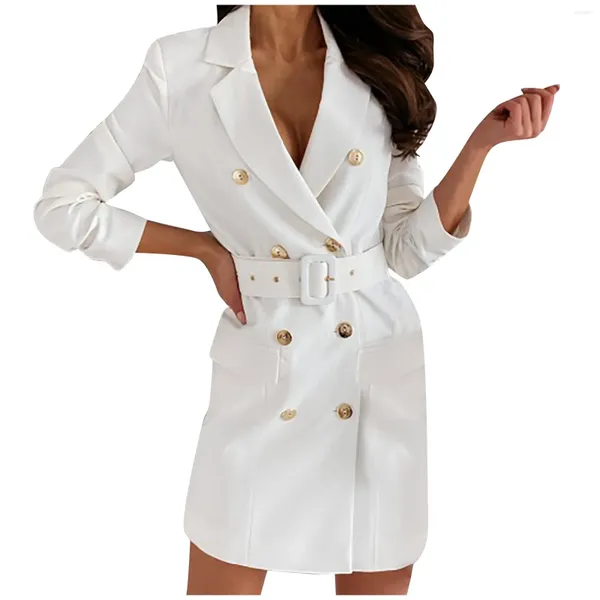 Vestidos casuales Mujeres Blazer Vestido con cinturón 2024 Primavera Elegante Oficina Damas de manga larga Fiesta de trabajo Blanco Color Sólido Formal