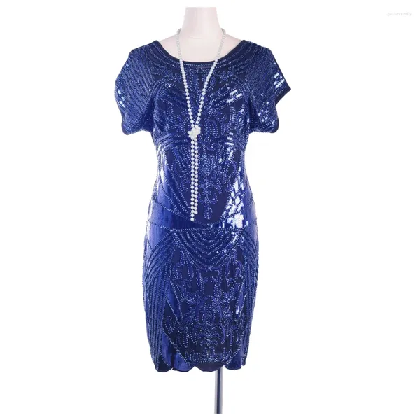 Vestidos casuales Mujeres Azul Art Deco 1920s Gran Gatsby Flapper Vestido 20s O-cuello con cuentas Cock Tail Party Manga corta Baile de noche