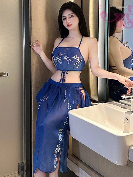 Robes décontractées Femmes Robe bleue Mode Mesh Dentelle Sheer Chine Cou Suspendu Sexy Antique Split Hanfu Maxi Élégant Doux 2024 GJH8