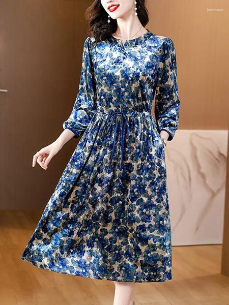 Vestidos casuales mujeres azul floral terciopelo vendaje vestido largo otoño invierno elegante festival de lujo 2023 coreano fashon bodycon fiesta