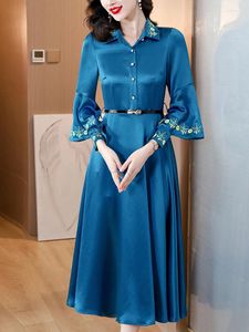 Casual Jurken Vrouwen Blauwe Zijde Satijn Luxe Party Vestidos Herfst Winter Lange Mouw Polo Kraag Midi Jurk 2023 Koreaanse Borduren gewaad