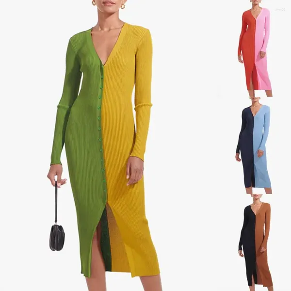 Robes décontractées femmes robe moulante couleur bloc patchwork automne simple boutonnage col en v midi pour le mariage