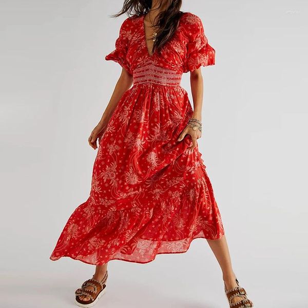 Vestidos informales Mujeres Vestido bohemio Floral Manga larga V Cuello Una línea Maxi Máxi Playa suelta Vestidos para Mujer