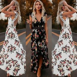 Casual jurken vrouwen boho backless onregelmatige bloemen gedrukte jurk zomer diep v trim long kani open rug feestvestidos 230424