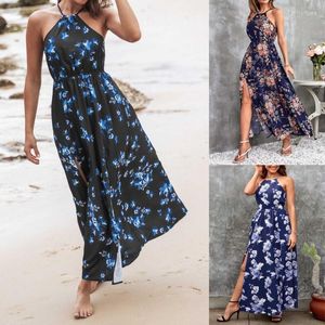 Robes décontractées femmes Boho imprimé fleuri Sexy licou cou sans manches robe Maxi-longue taille Empire côté fendu fluide a-ligne vacances