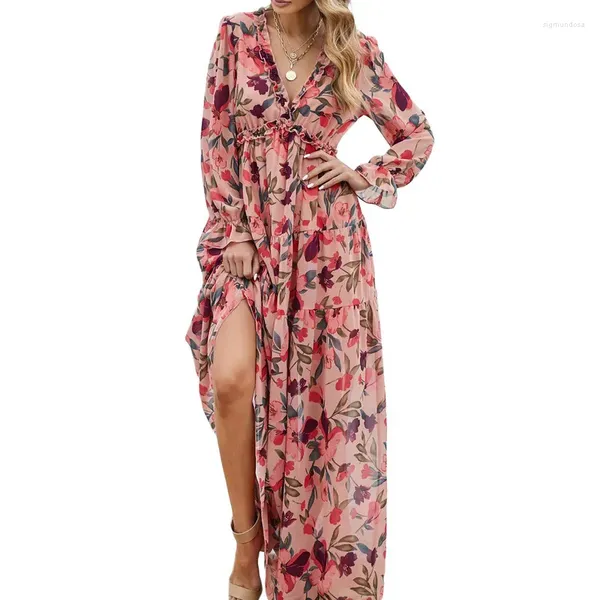 Vestidos casuales mujeres boho vestido largo primavera otoño ropa manga v cuello volantes flor impresión suelta swing streetwear