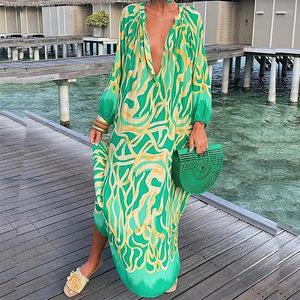 Robes décontractées Femmes Boho Imprimer Lâche Plage Élégant Rétro Haruku Col V Maxi Robe Sexy Manches Longues Surdimensionné