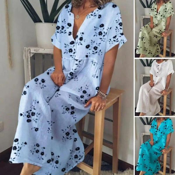 Robes décontractées Femmes Boho Jupe Style Bohème Imprimé Floral Maxi Robe Pour Les Vacances D'été Plage Femmes Manches Courtes Col En V Bouton A-ligne